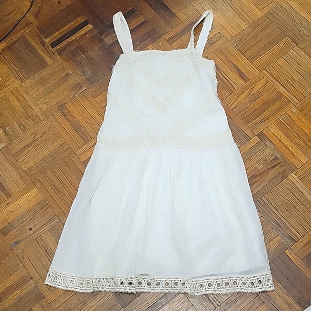 Cream embroidered drop waist sleeveless shift dress